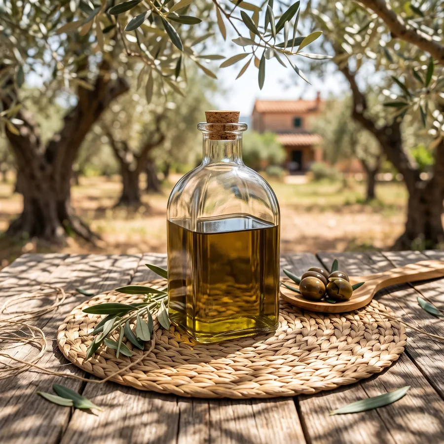 Olive oil bottle on a table in an olive grove