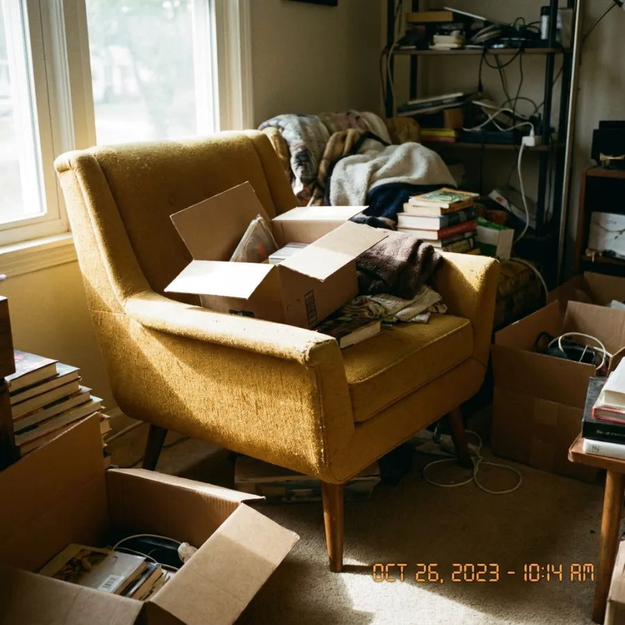 A phone photo of a lounge chair staged in a styled living-room scene — original photo