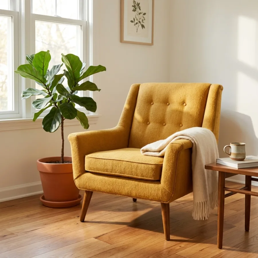 A phone photo of a lounge chair staged in a styled living-room scene — Luvelano result