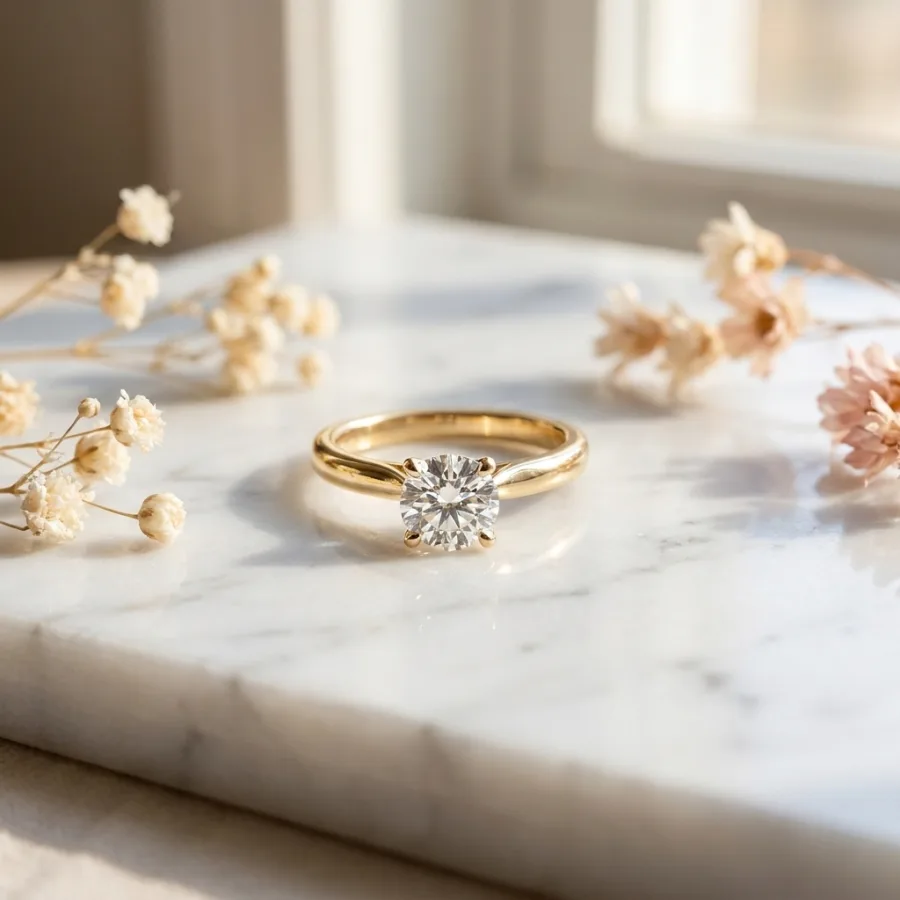 Gold diamond ring in a styled lifestyle scene