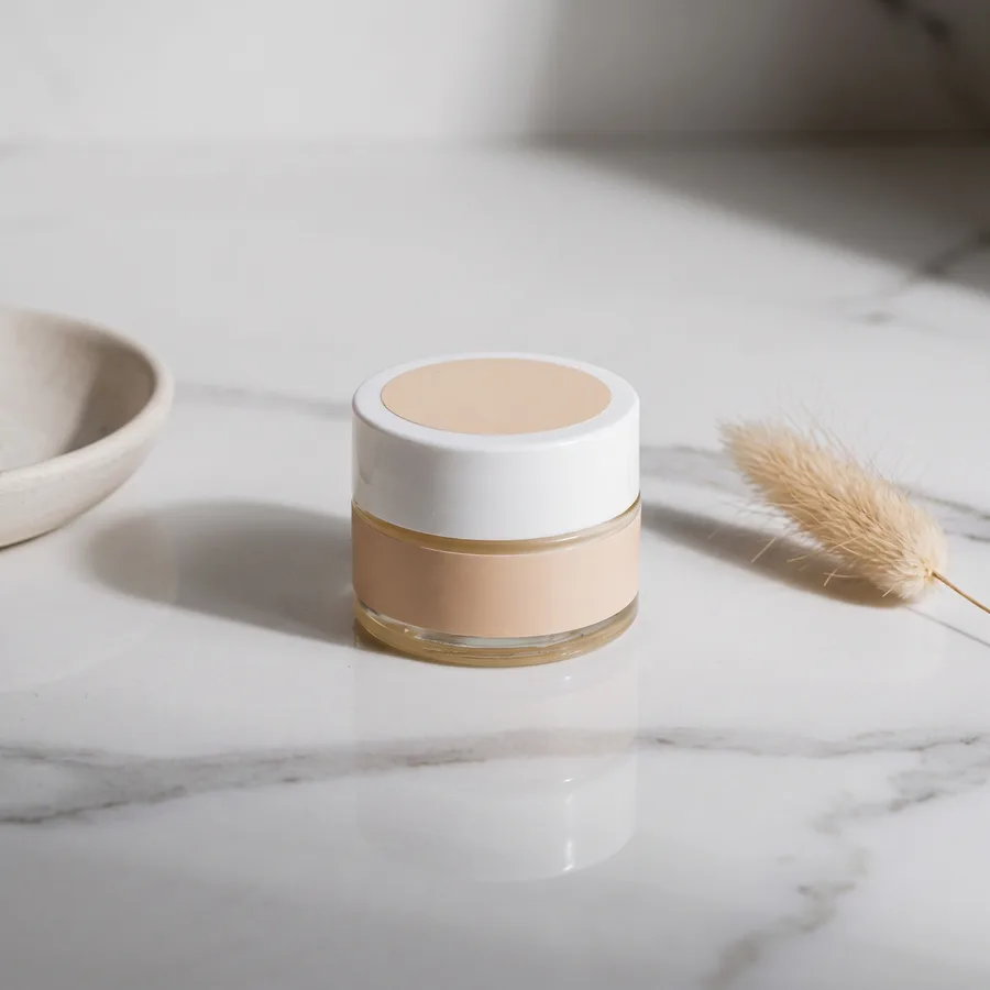 Face cream jar on a marble counter