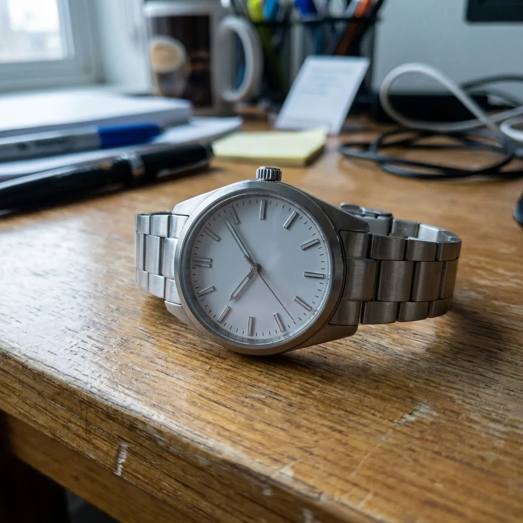 A phone photo of a steel wristwatch on a table turned into a studio packshot — original photo