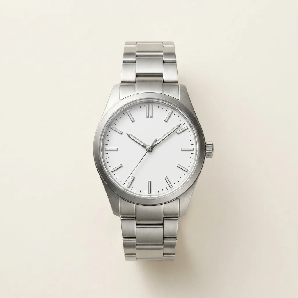 Studio packshot of a steel wristwatch
